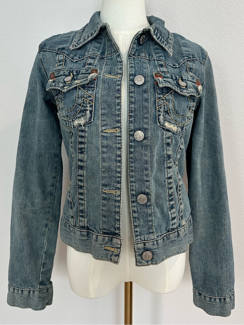True Religion Y2K Jimmy World Tour Women's Faded Blue Denim Jacket Size Med